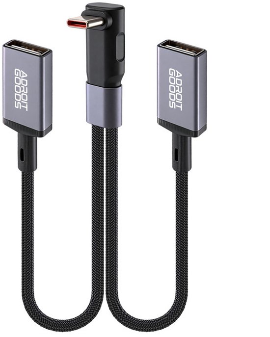 USB-C naar dubbele USB-A splitterkabel met zwarte nylon behuizing en grijs metalen uiteinden.