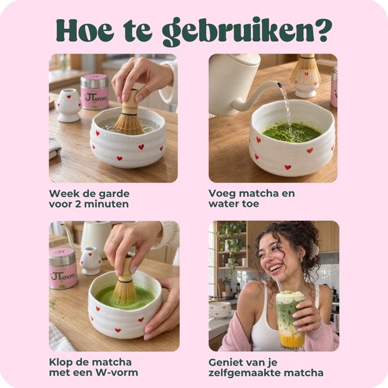 Stappenplan voor matcha: garde weken, ingrediënten toevoegen, kloppen in W-vorm, en genieten.