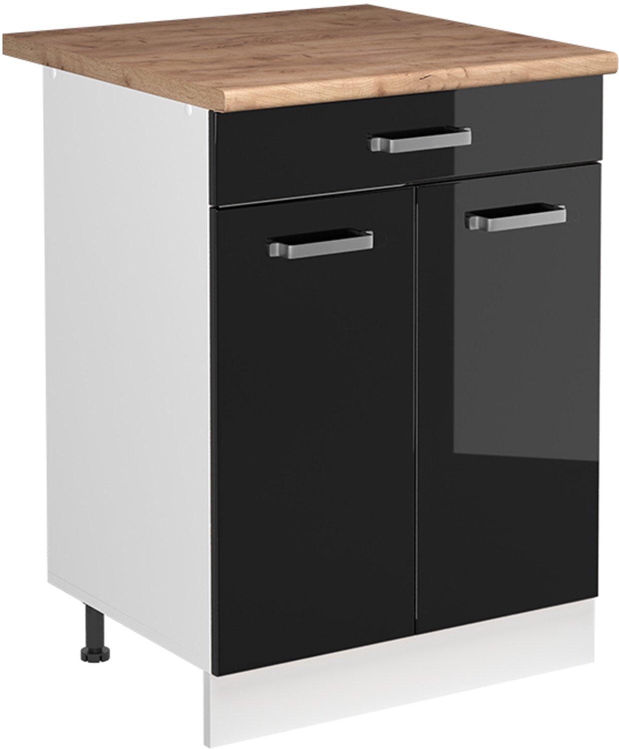 Vicco Wastafelkast R-Line, Zwart hoogglans/Wit, 60 cm goudkleurig eiken werkblad