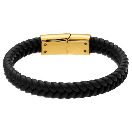 Zwarte gevlochten armband van leer met een glanzende, goudkleurige roestvrijstalen sluiting.