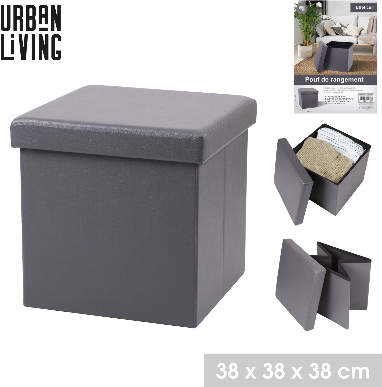 Urban Living KUBE "PVC" Opvouwbare Opbergpoef Donkergrijs 37,5 x 37,5 x H37,5 cm
