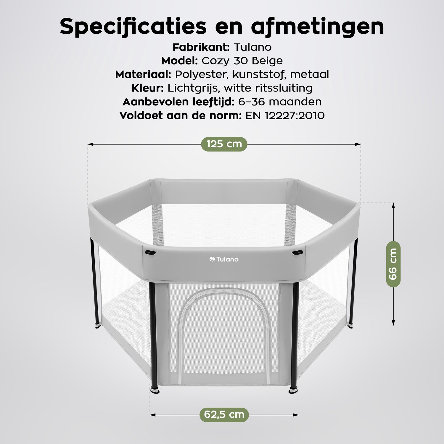 Tulano Cozy 30 - Grondbox - 125x125x66cm - Met draagtas - Inklapbare - Opvouwbare Baby Speelbox - zeshoek - voor binnen en buiten - ademend gaas - EN71 gecertificeerd - Grijs – foto 4
