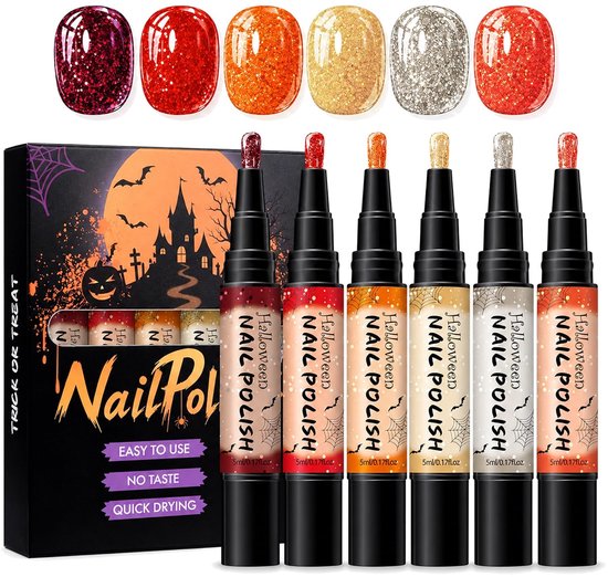 Zes Halloween nagellakpennen en bijpassende kleurvoorbeelden. Doos met 'Trick or Treat' tekst en 'Easy to use' kenmerken.