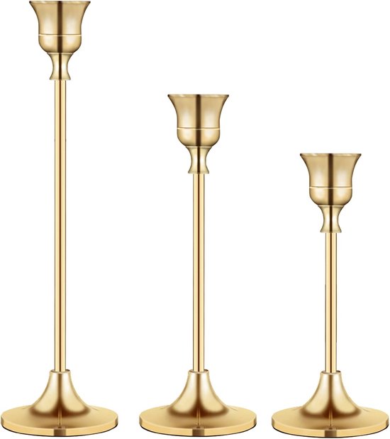 Kandelaar - Gouden Kandelaar - Kandelaar Metaal - Set van 3 - Vintage Kandelaar - Kandelaar voor Dinerkaars - Tafelkandelaar - Kandelaar voor Haard - Woonkamer Decoratie
