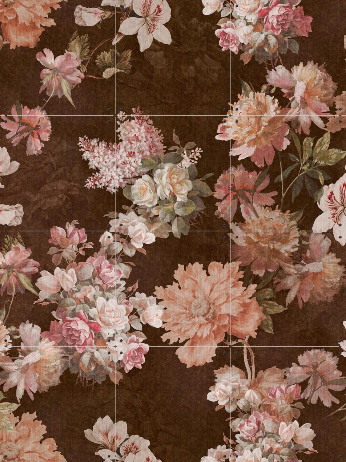 IXXI Moody Baroque Roses and Flowers, Bloomery Decor - 60 x 80 cm - Grote wanddecoratie en posters - Klassiek, Art Nouveau, Decoratieve kunsten Bruin