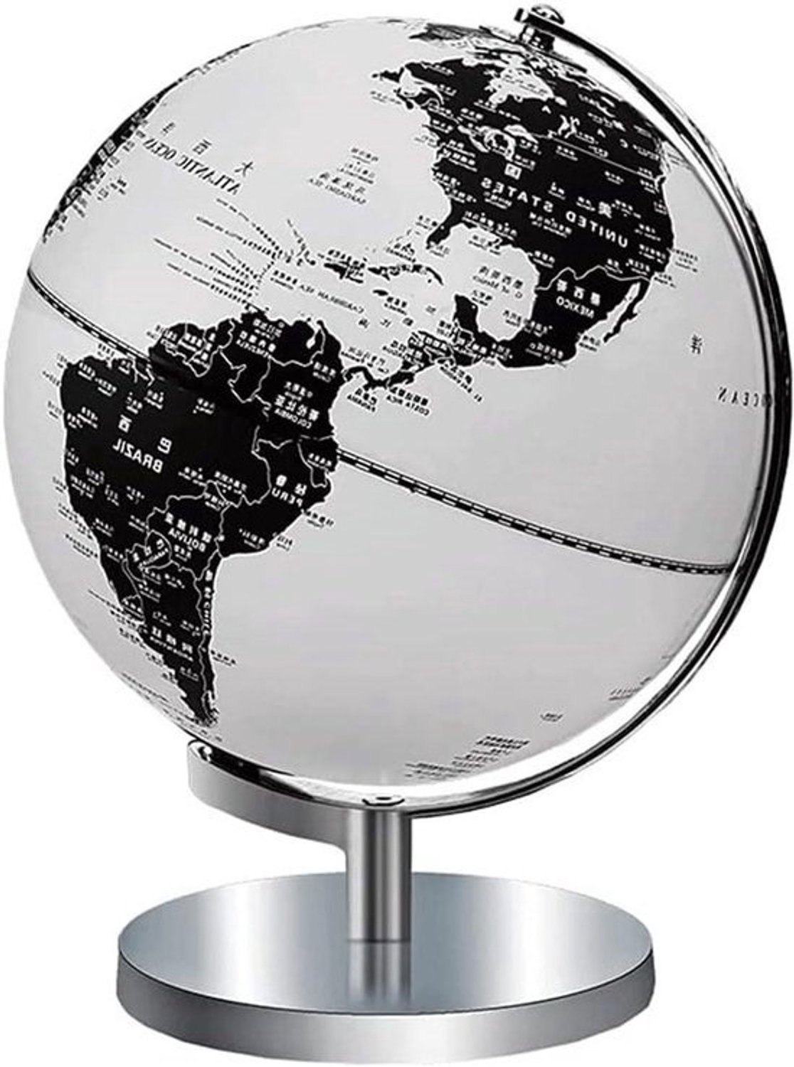 Decoratieve wereldbol - Educatieve bol - Aardrijkskunde leren - Bergen in reliëf - 25x32cm voet - Zwart wit