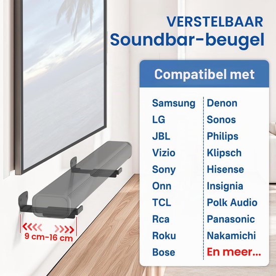 Soundbar Muurbeugel voor,, en. Soundbarbeugel met verstelbare diepte van 8,9 tot 15,1 cm. Soundbar wordt onder de tv gemonteerd en heeft een draagvermogen tot 17,2 kg. — afbeelding 2