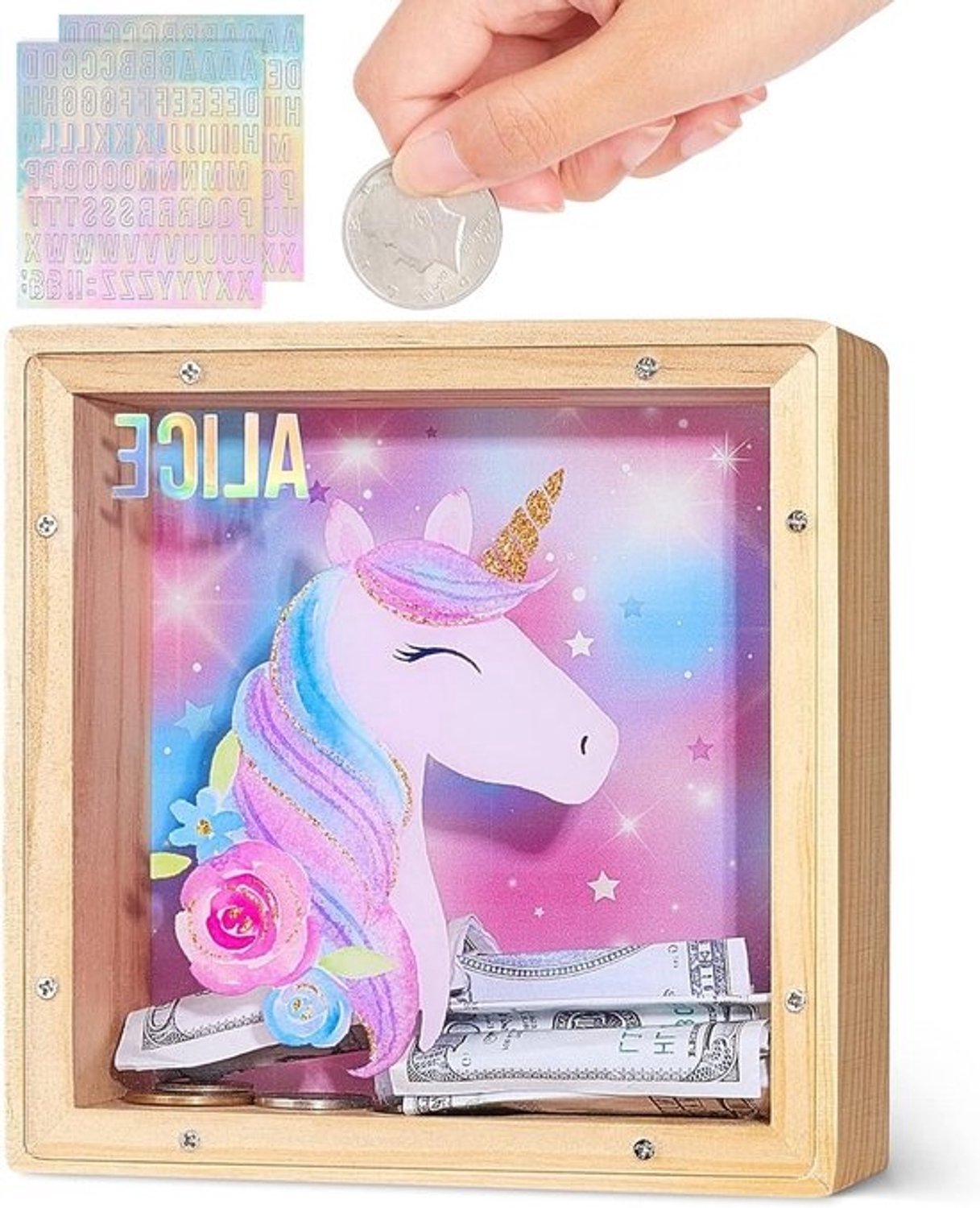Houten spaarvarken voor kinderen - Geldkistje en muntenbank - Leren omgaan met geld - DIY-naam met stickers