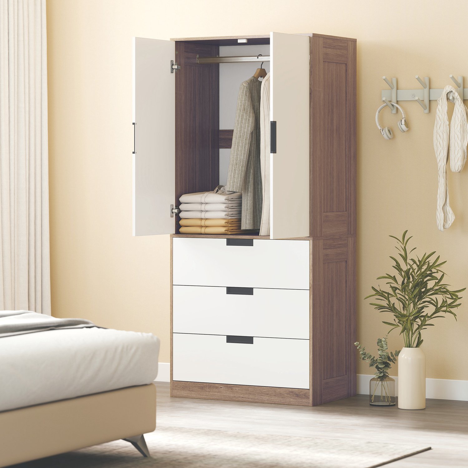 TEKROA® Kledingkast – Moderne kledingkast - met 3 lades - 2 deuren en kledingroede -80W x 50D x 180H cm - wit/bruin