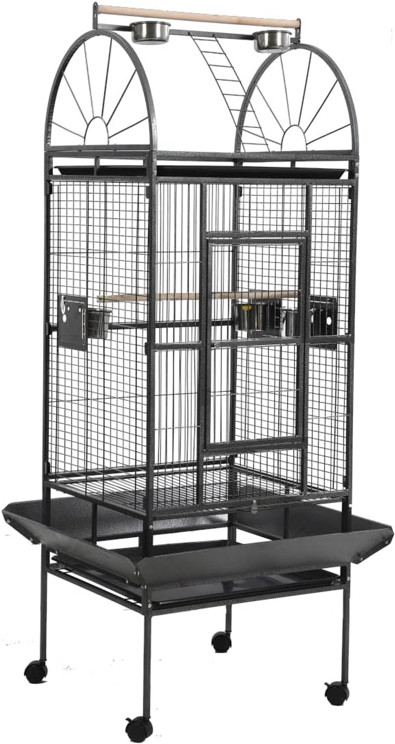 Grote vogelkooi van 68" hoog – Metalen vogelkooi op wieltjes – Roestvrijstalen voederbakken – Zwart