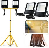 LED-bouwspot werklamp 2 * 100W warm witte LED-schijnwerper met statief buitenspot werklamp waterdichte IP66 aluminium spot voor werkplaats, bouwplaats, garage