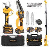 NEXROW® Elektrische Snoeischaar + Mini Kettingzaag Combideal – Telescopische Steel 2,5m – Inclusief Reservekettingen & Snoeimessen, 2x 4000 mAh & 2x 4,0 Ah Accu’s, Oplaadstation & Opbergkoffer – Brushless Motor – Veiligheidssloten