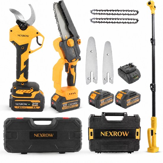 NEXROW snoeiset met gele elektrische schaar, mini kettingzaag, telescopische steel, twee accu's, laders en koffers.