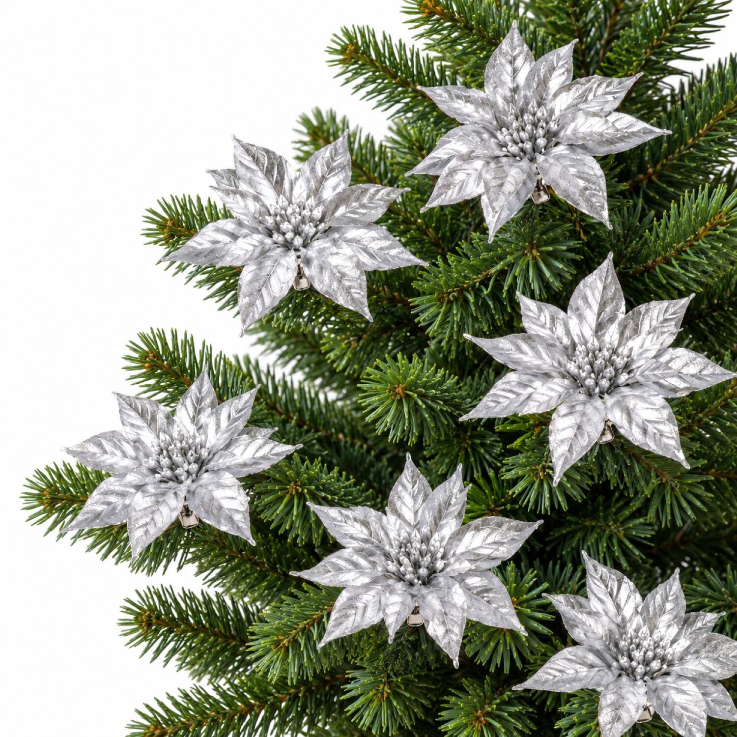 Gerimport Kerstboom bloemen op clip - 24x stuks - zilver - kunststof - kerstornamenten