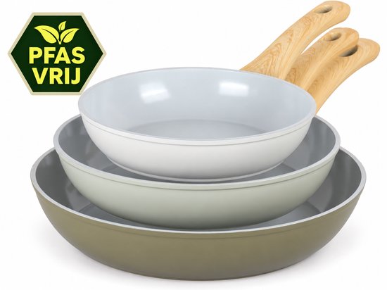 Maison & Kitchen - Koekenpan Inductie Koekenpannenset PFAS vrij serie - 3 delig pan - inductie pannen Ø 20, 24 & 28 cm - koekenpannen - Keramische Pannenset - Gray Olive Green