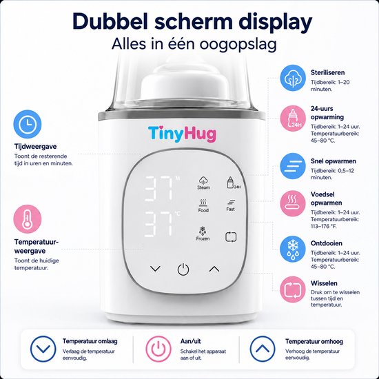 TinyHug Flessenwarmer 6-in-1 – Fleswarmer - Baby Flesverwarmer – Snel Opwarmen – 24U Warmhouden – Steriliseren & Ontdooien – Digitaal Display – Voor Flesjes en Babyvoeding – Wit — afbeelding 5