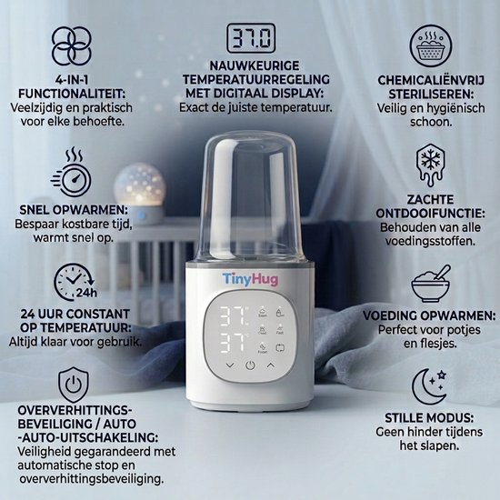 TinyHug Flessenwarmer 6-in-1 – Fleswarmer - Baby Flesverwarmer – Snel Opwarmen – 24U Warmhouden – Steriliseren & Ontdooien – Digitaal Display – Voor Flesjes en Babyvoeding – Wit — afbeelding 4