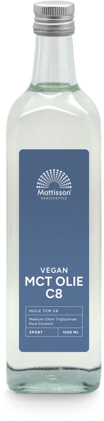 Transparante glazen fles Mattisson vegan MCT olie C8 met zilverkleurige dop en blauw etiket, 1000 ml.