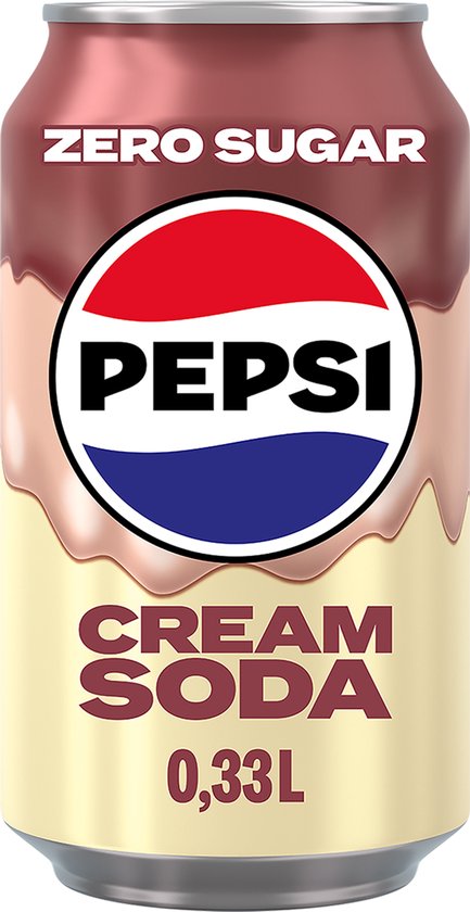Pepsi Zero Sugar Cream Soda blik van 0,33L met een crèmekleurig en bruin druipend ontwerp.