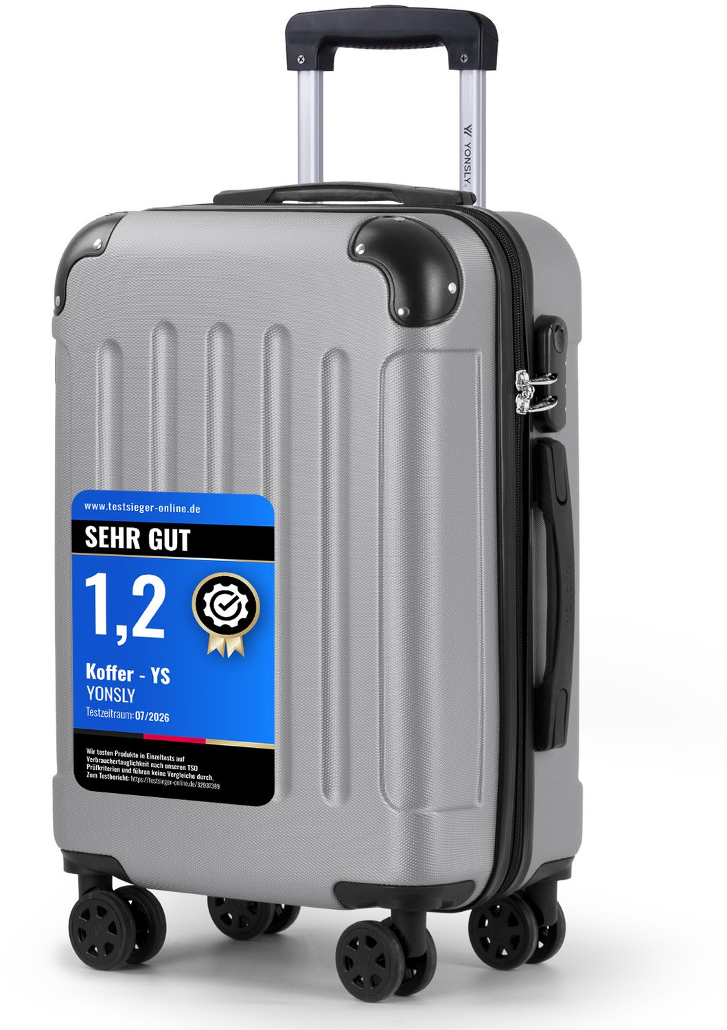 YONSLY Handbagage Koffer - 55cm - 40 L - Cijferslot- 360° Draaibare Wielen - Lichtgrijs