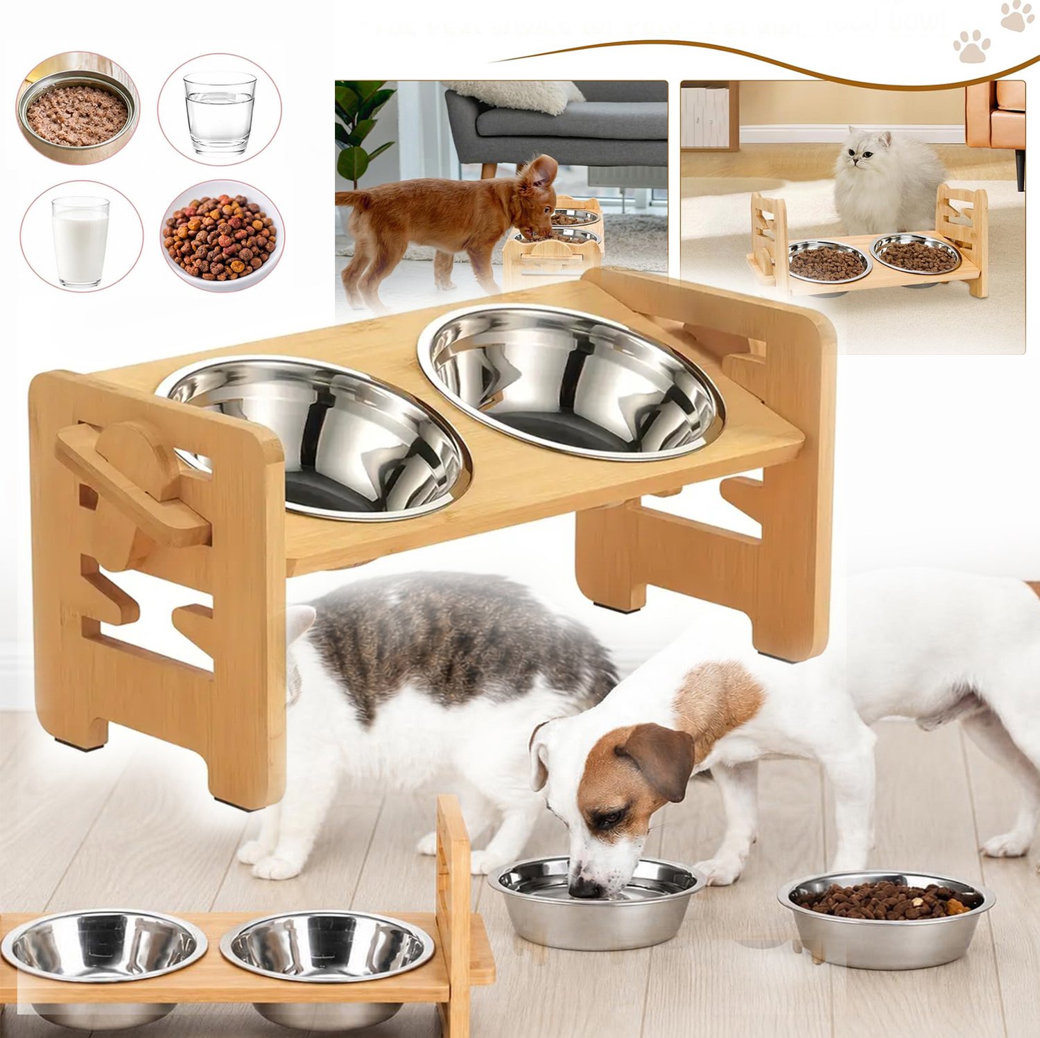 Verhoogde, Verstelbare Voerbakken Voor Honden, Ontwerp Met Een Helling Van 15°, 2 Rvs Kommen, Voor Kleine Honden en Katten.