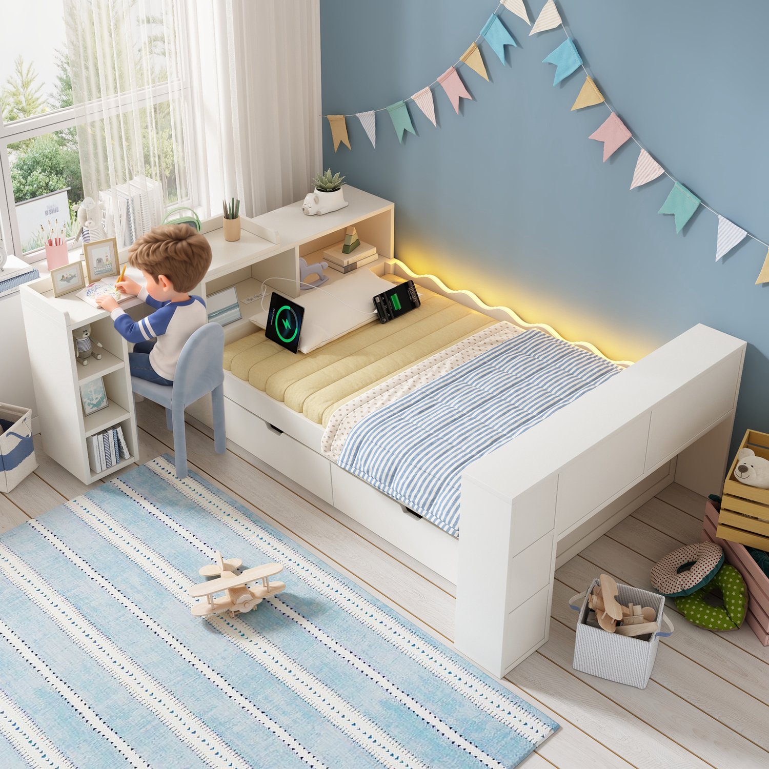 FloraGrace Bedbank 90x200 cm - LED Verlichting en Laadstation - Uitschuifbaar Bureau met 2 Lades - Zonder Matras - Wit