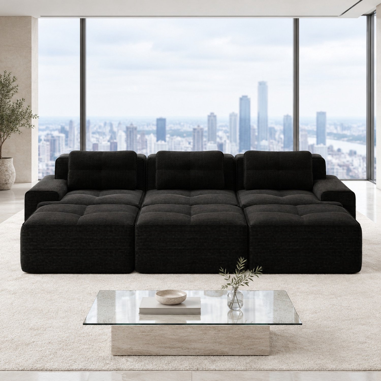 WUVRIE Modulaire hoekbank 293x177 cm - 3-zits met slaapfunctie en 3 hockers - Zwart