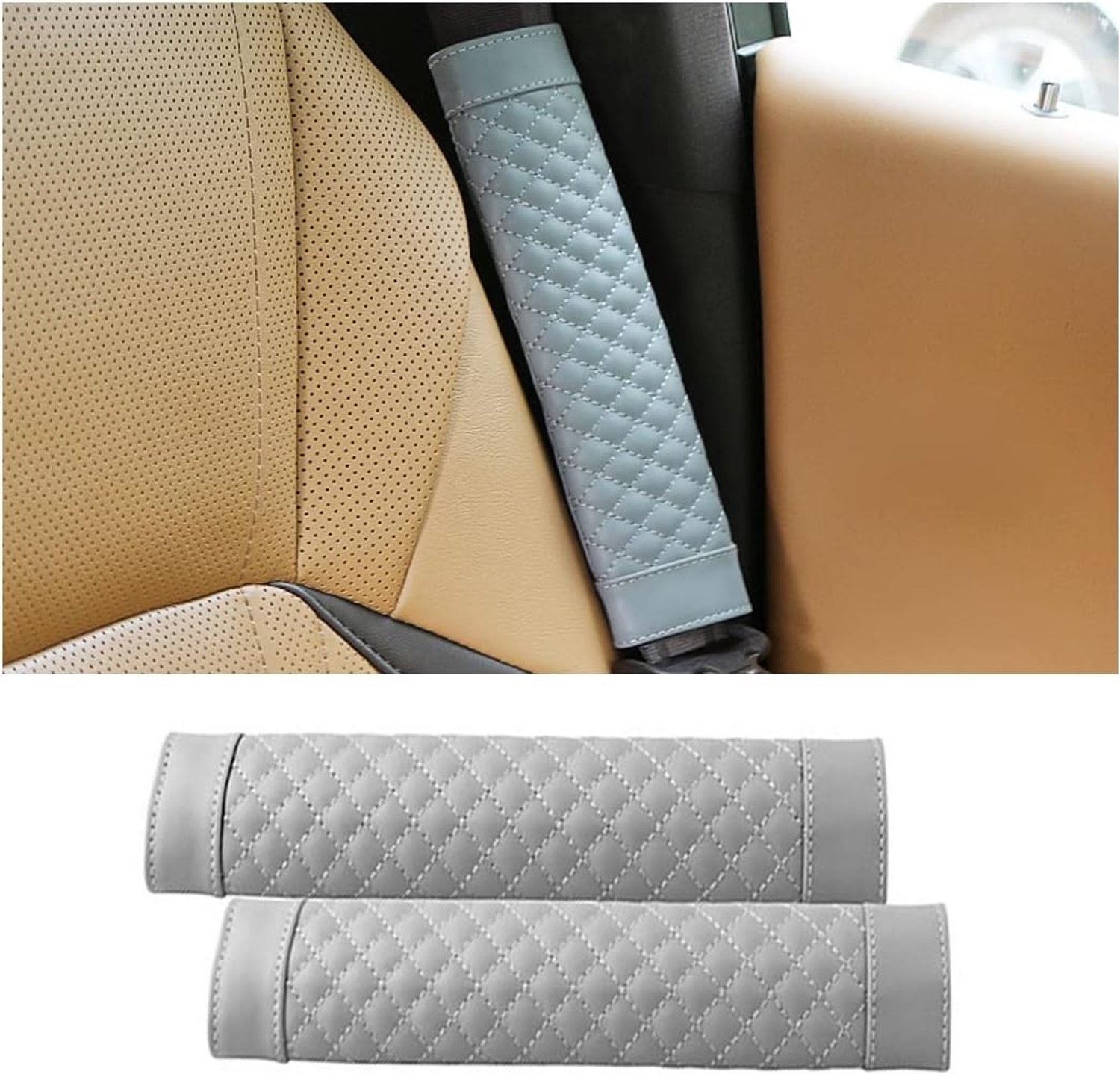 2 Stuks Autogordel Kussens van PU Leer, Comfortabele Schouderbescherming en Gordelbeschermer voor Volwassenen (Grijs)