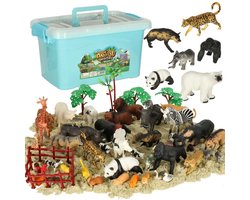 Dierenfiguren Speelset - 59-delig met Zoo Safari en Boerderij Dieren - Hard Rubber Speelgoed met Bomen Hekjes en Opbergbox - Vanaf 3 Jaar