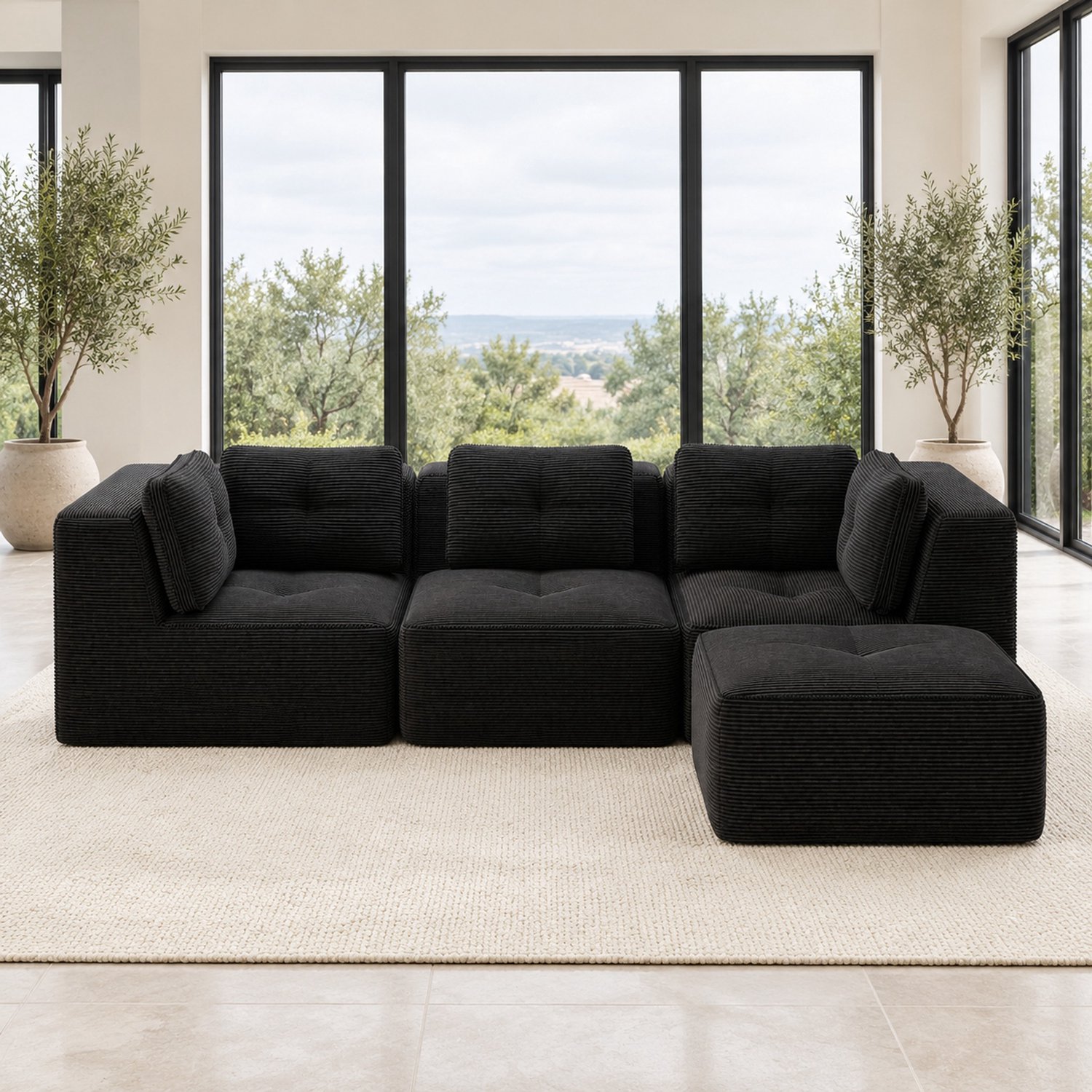 WUVRIE Modulaire hoekbank 297x177 cm - 3-zits met ottomane en corduroy bekleding - Zwart