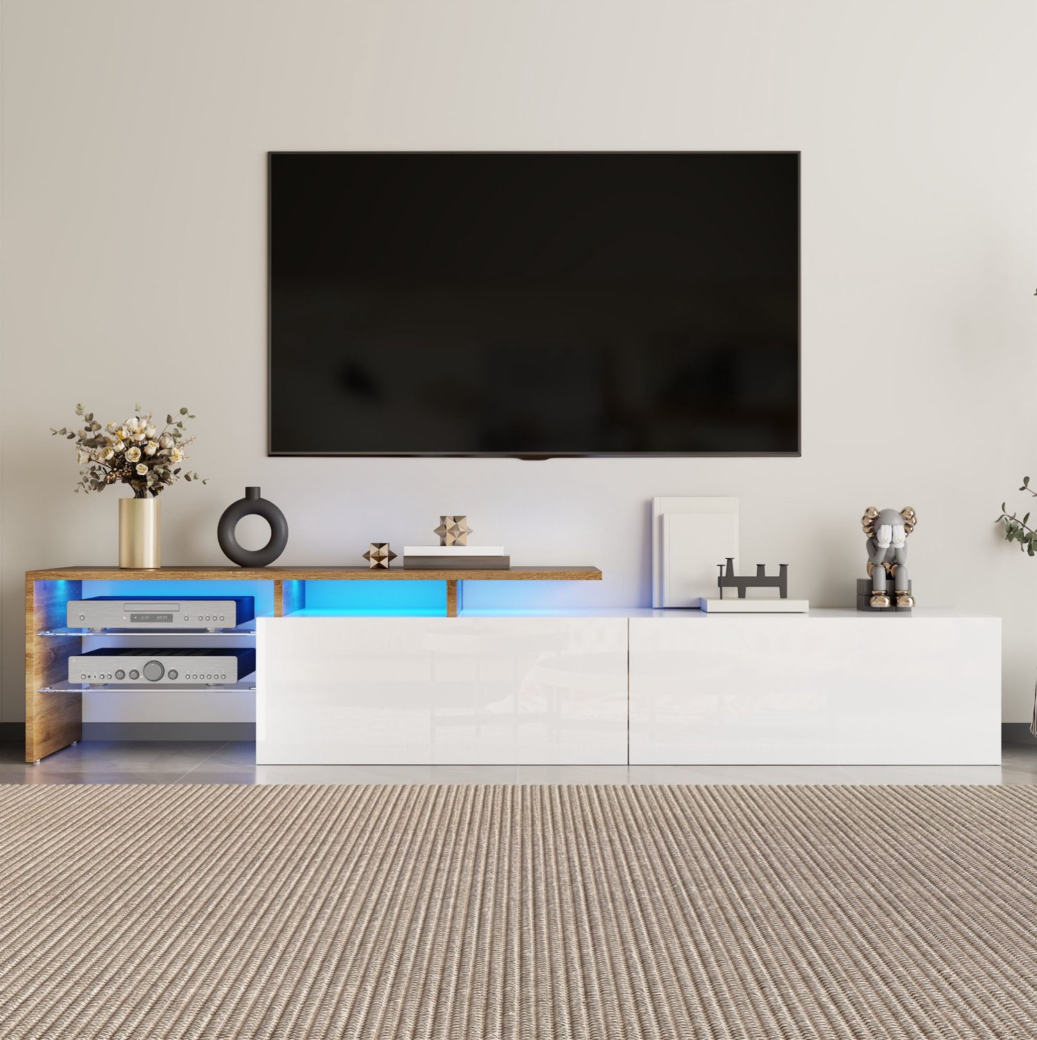 Maisentiel TV-meubel 170 cm met 16-kleuren LED, glazen legplanken, wit/houtlook Wit en houtlook