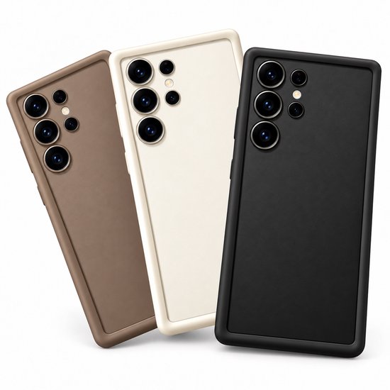 Trois coques de téléphone mates pour Samsung Galaxy S25 Ultra en noir, beige et taupe avec bordure de protection caméra.