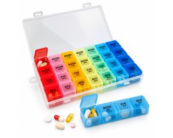 Pillendoos 7 Dagen - Medicijndoos met 28 Vakken - 4 Innamemomenten per Dag - Medicatie Organizer - Meerkleurig
