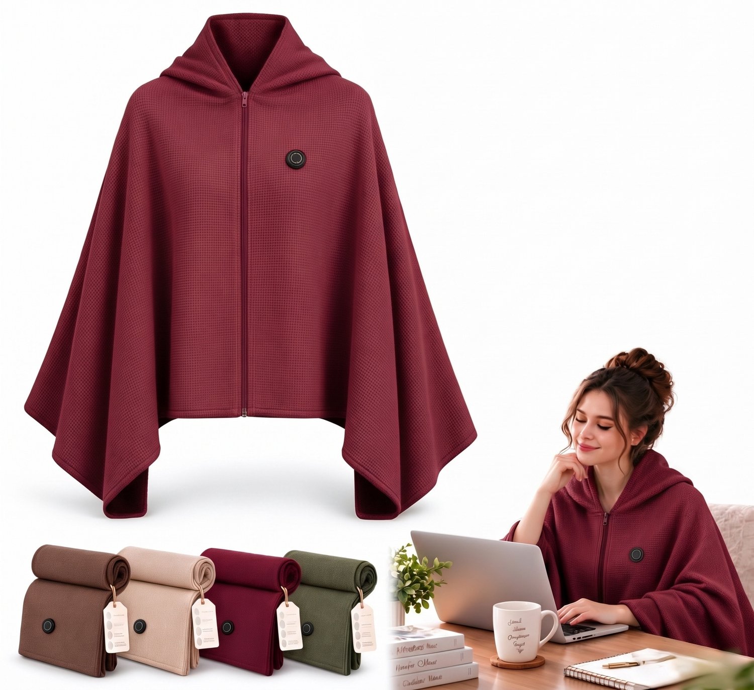 Elektrische deken - 150x80cm - Elektrische Cape met Rits - 8 Zones - 35-55°C - 3 Standen - Hoodie Deken - USB (Excl. Powerbank) - Voor Thuiswerken & Bank - Rood