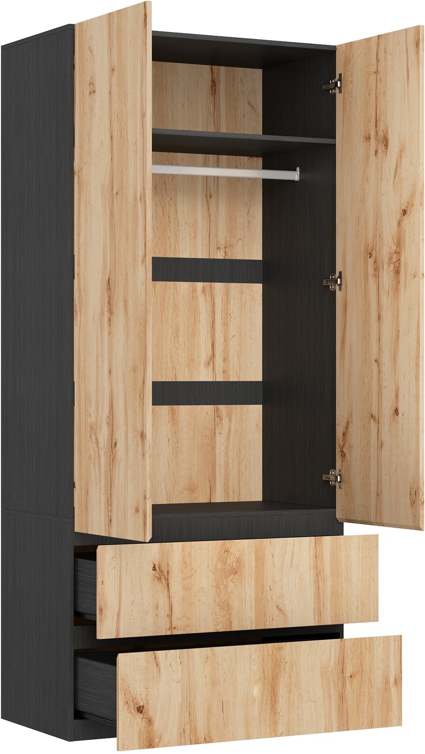 Kledingkast met 2 deuren en 2 laden - 90 x 50 x 200 cm - Draaideuren en kledingroede met bovenste opbergvak - Eiken houtlook voor slaapkamer