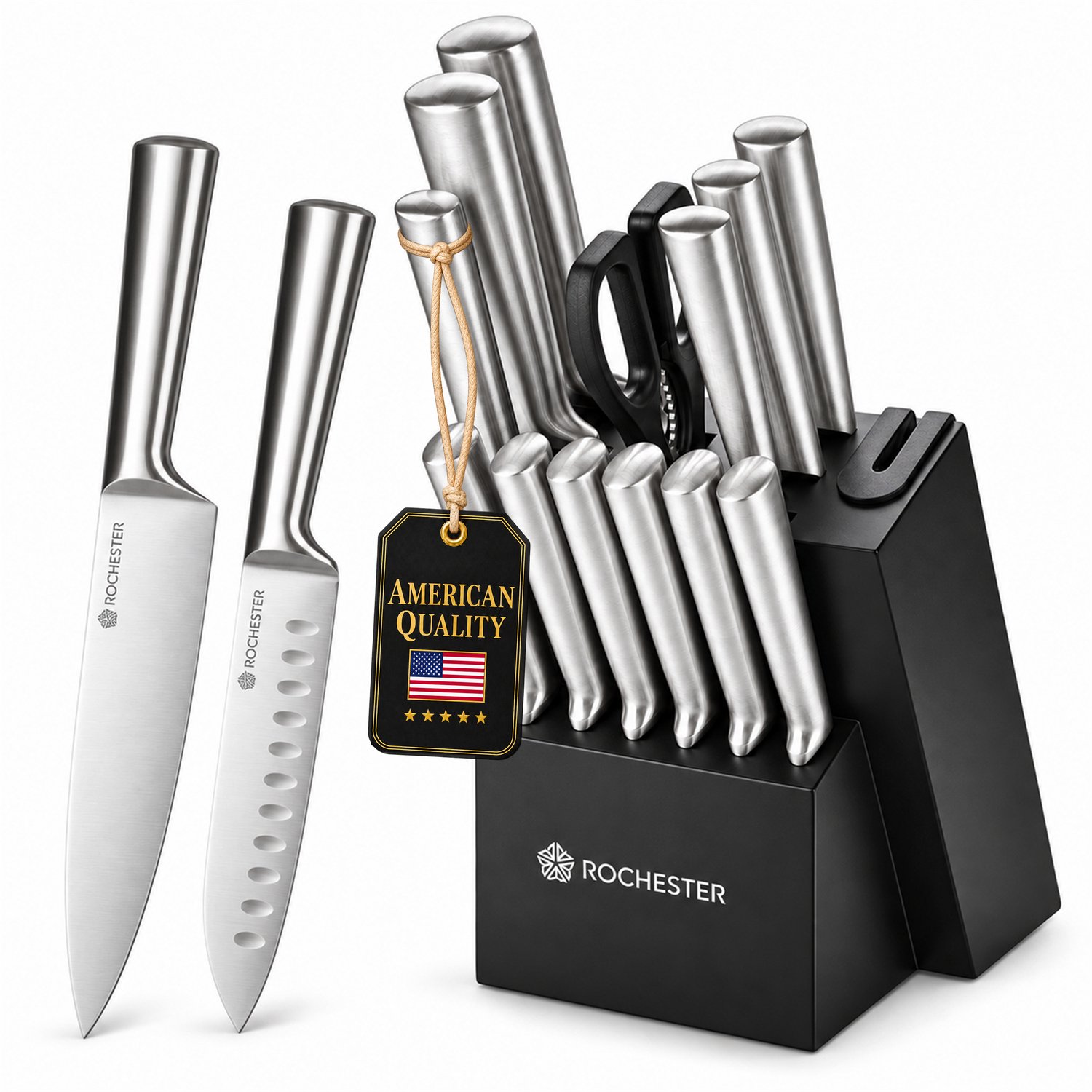 Bol.com Rochester 14-delige Messenset met Blok en Messenslijper - Luxe RVS Keukenmessen met zwart Messenblok – Inclusief steakme... aanbieding