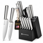 Rochester Messenset met Blok - 14-delig Keukenmessen Set met Ingebouwde Messenslijper - Luxe Messenblok met Messen - RVS Steakmessen, Santokumes, Koksmes, Broodmes & Schaar - Krasbestendige Coating - Vlijmscherp - Zwart - Cadeau