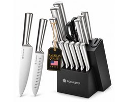Rochester Messenset met Blok - 14-delig Keukenmessen Set met Ingebouwde Messenslijper - Luxe Messenblok met Messen - RVS Steakmessen, Santokumes, Koksmes, Broodmes & Schaar - Krasbestendige Coating - Vlijmscherp - Zwart - Cadeau