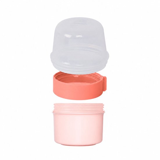Pot à yaourt Lock&Lock rose démonté en trois parties : couvercle transparent, bague corail et récipient rose.
