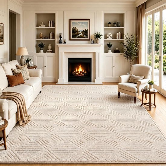 Vloerkleed 200 x 300 cm – Beige – Wasbaar Tapijt – Antislip – Zacht Polyester – Modern Geometrisch – Voor Woonkamer, Slaapkamer & Eetkamer