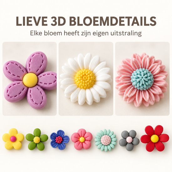 Lieve 3D bloemdetails in verschillende kleuren, waaronder paars, wit en roze.