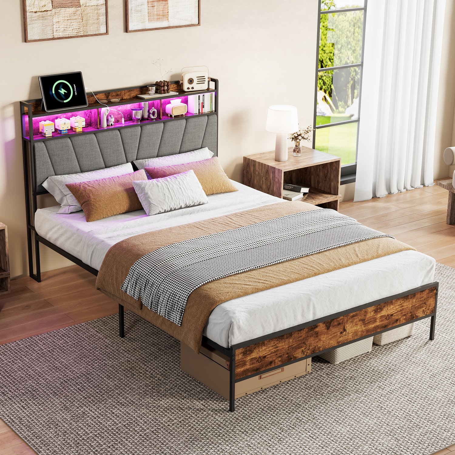 Metalen Bed 160x200 cm, Tweepersoonsbed met Lattenbodem, hoofdbord met ledverlichting en USB- en Type-C-aansluiting, Grijs Linnen, Zonder matras