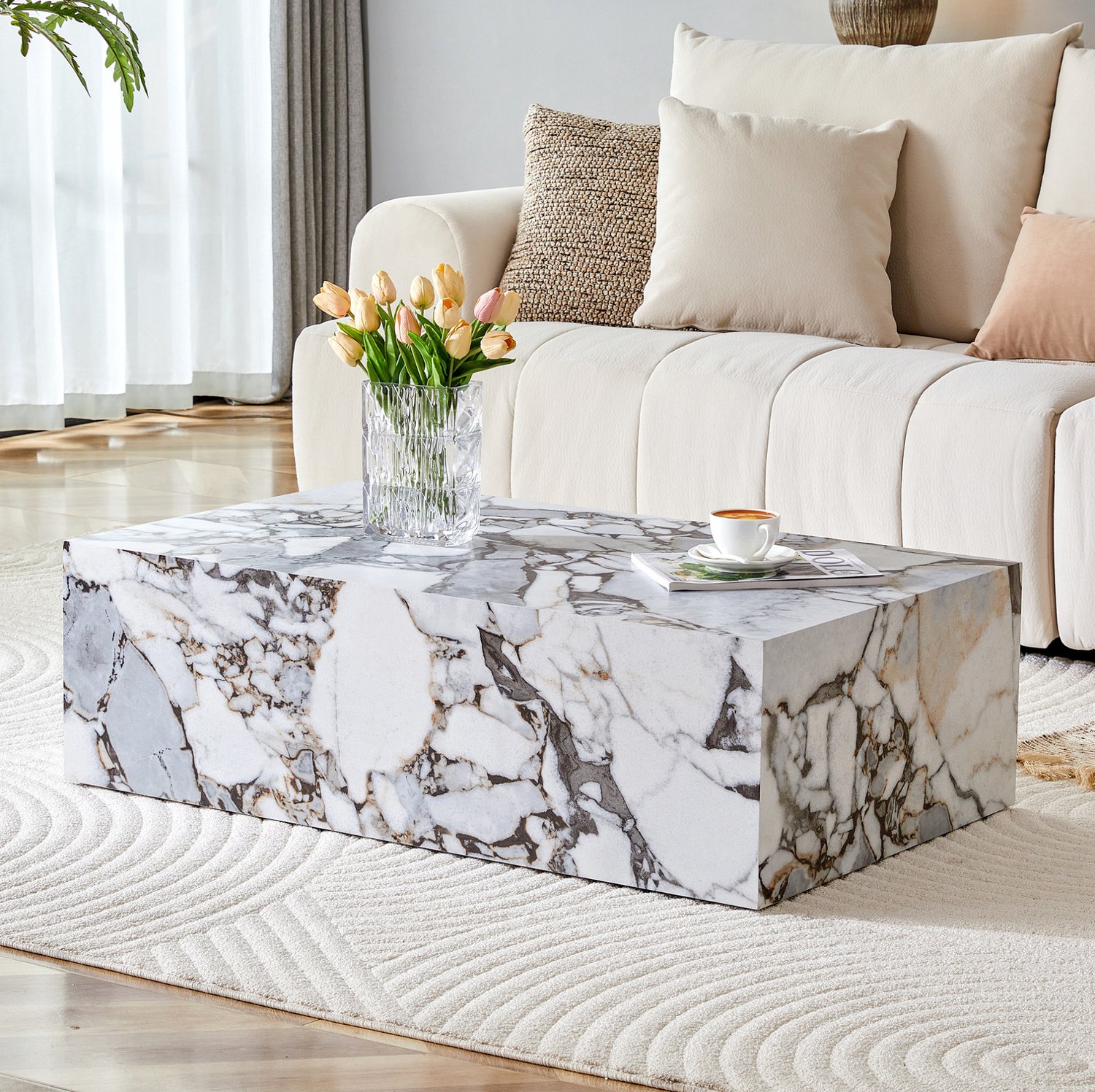 MIVRAY Salontafel - Rechthoekige Marmerlook Voor Moderne Woonkamers - Wit MDF - 90 x 50 x 30 Cm - Zonder Montage Wit marmer
