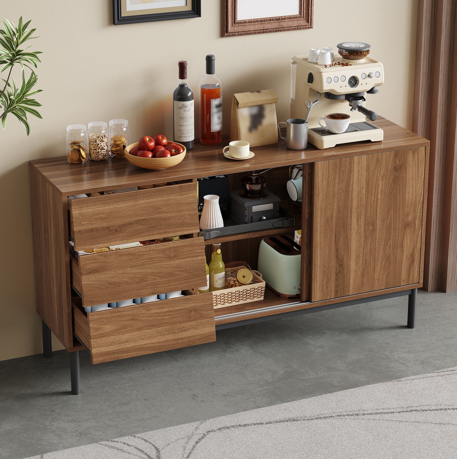 MIVRAY Keukenkast - Ruime Opbergkast Met 3 Lades En 2 Schuifdeuren - Voor Keuken Eetkamer En Woonkamer - MDF - Natuurlijk - 150x40x80 Cm Naturel