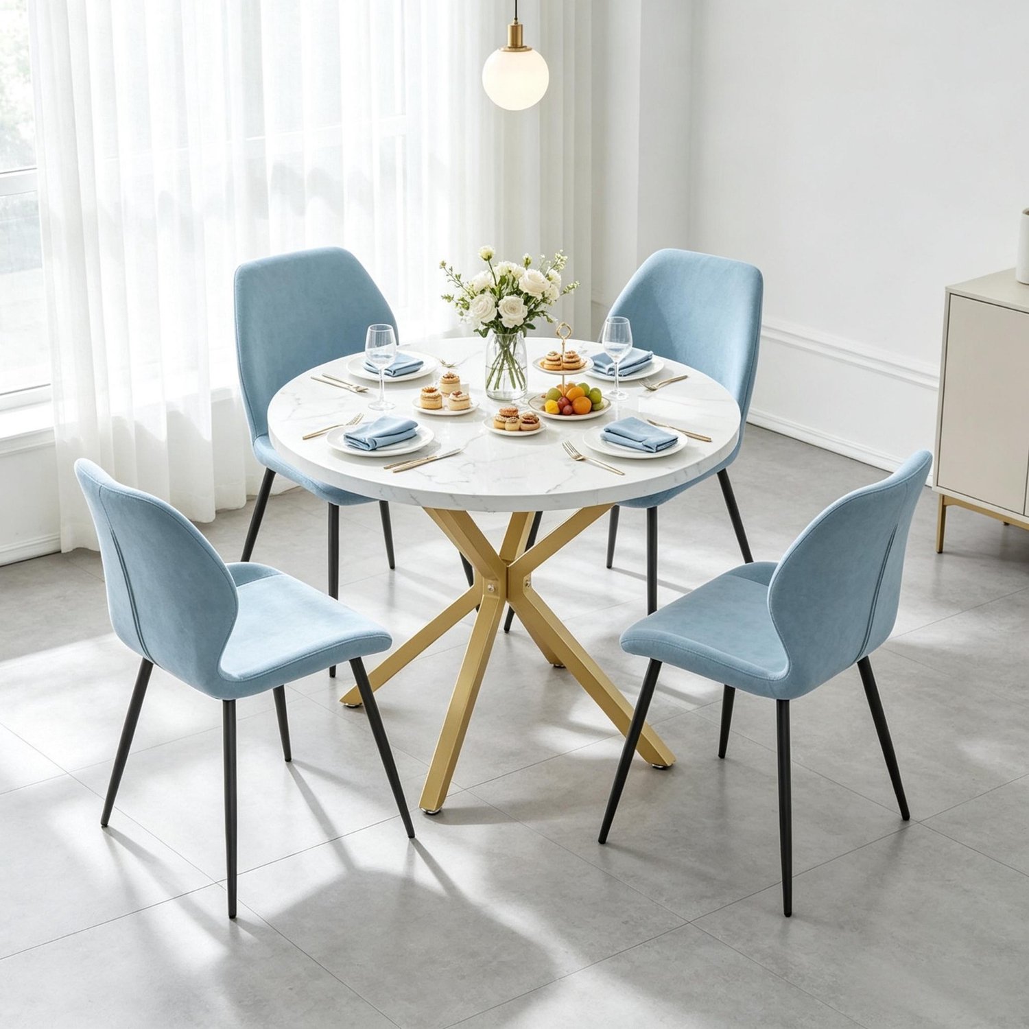 MIVRAY Ronde Eettafel - Marmerlook Blad Met Gouden Kruispoot - Voor Keuken En Eetkamer - Hout En Staal - 100 Cm Rond, 76,5 Cm Hoog - Wit Goud