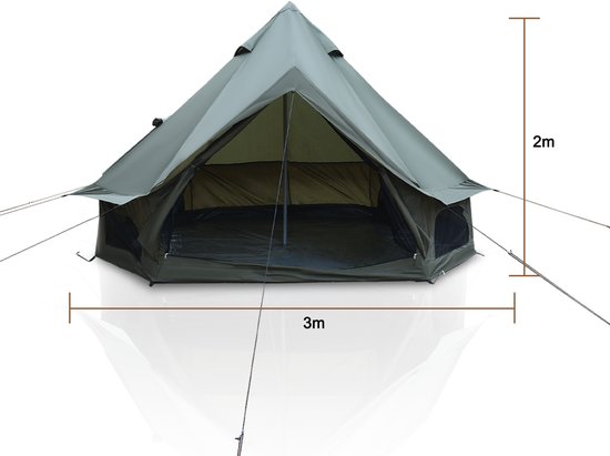 WUVRIE - Bell-tent 300x300x200 cm - 3-4 personen, kacheldoorvoer en insectengaas - Donkergroen — afbeelding 5