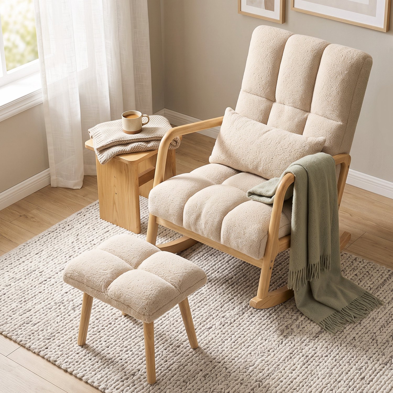 MUVANO Fauteuil à Bascule - Chaise Berçante Confortable - Design Ergonomique - Repose-Pieds Inclus - 64,5x82x89cm - Pour Se Détendre - Beige