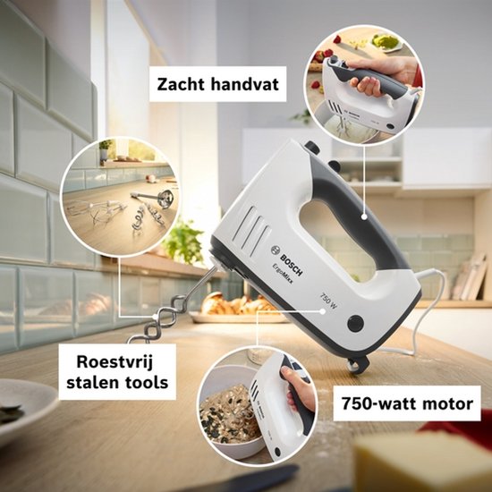 Bosch ErgoMixx handmixer met zacht handvat, 750W motor en roestvrijstalen tools.