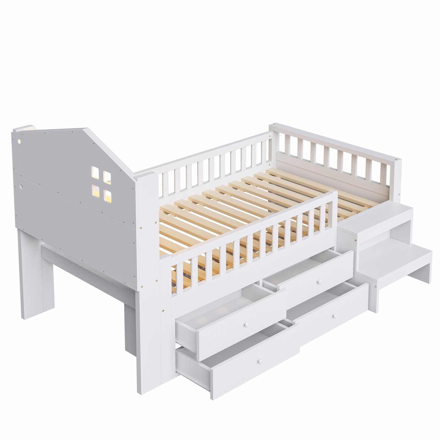 Kinderbed 90x200 cm - Met Vier Opberglades En Opstap - Huisvormig Hoofdbord Met LED En USB-C - Houten Frame Met Uitvalbeveiliging - Wit