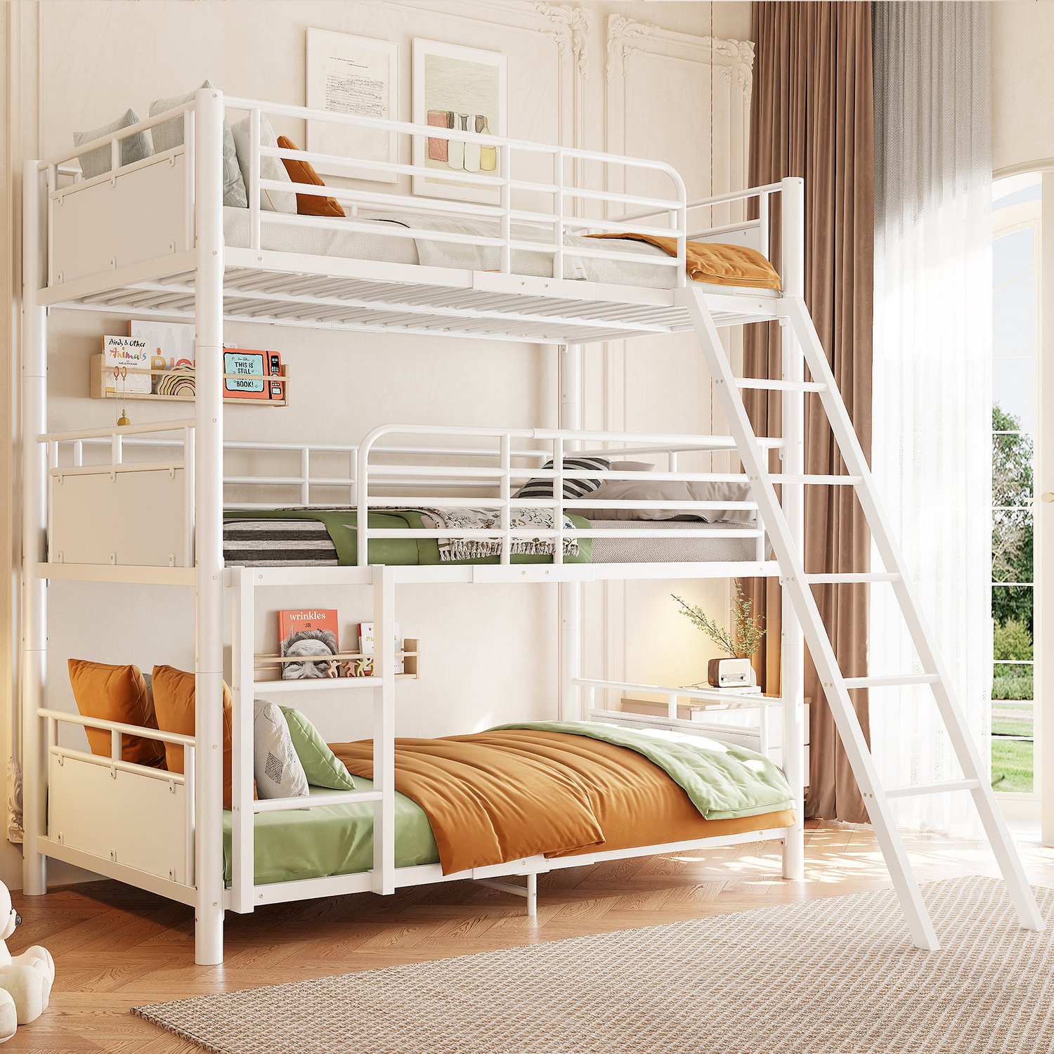 Drievoudig stapelbed voor kinderen, 90 x 200 cm, robuust metalen stapelbed met 3 slaapniveaus, afneembaar ontwerp, ruimtebesparend kinderbedframe met twee ladders voor meerpersoonskamers